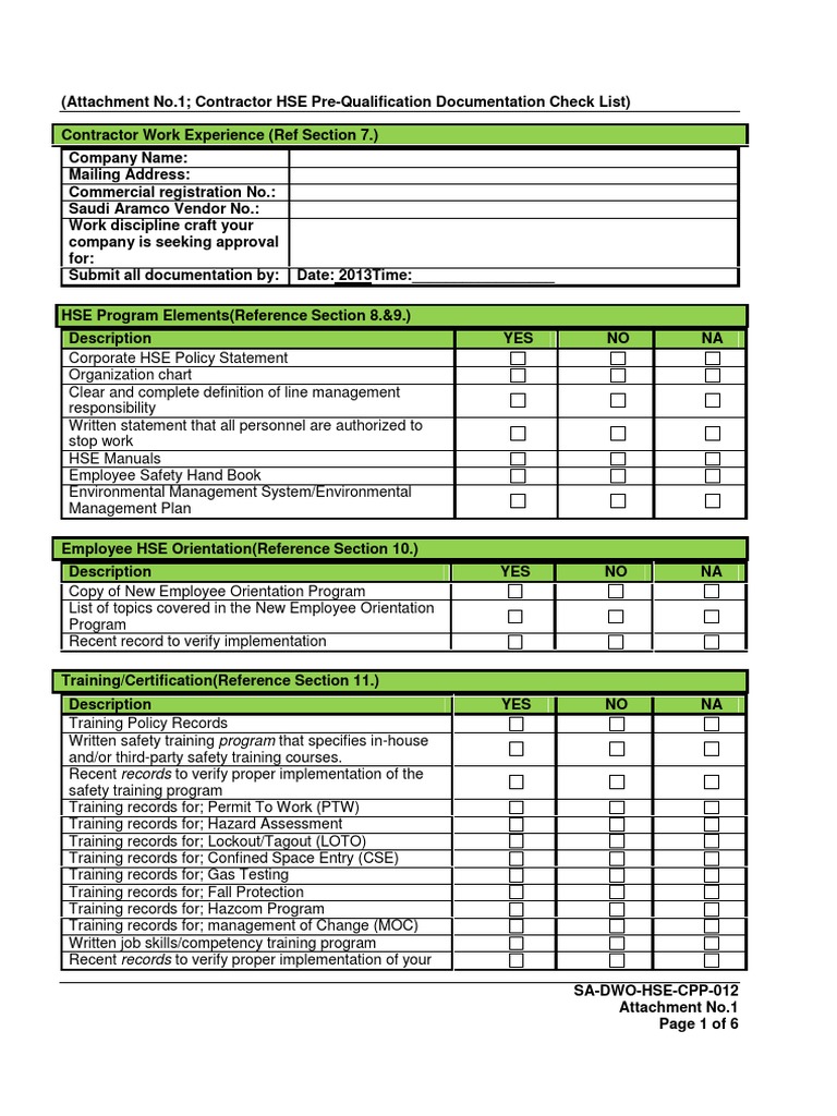 Contractor HSE Pre-Qualification Checklist | PDF | Personal Protective ...