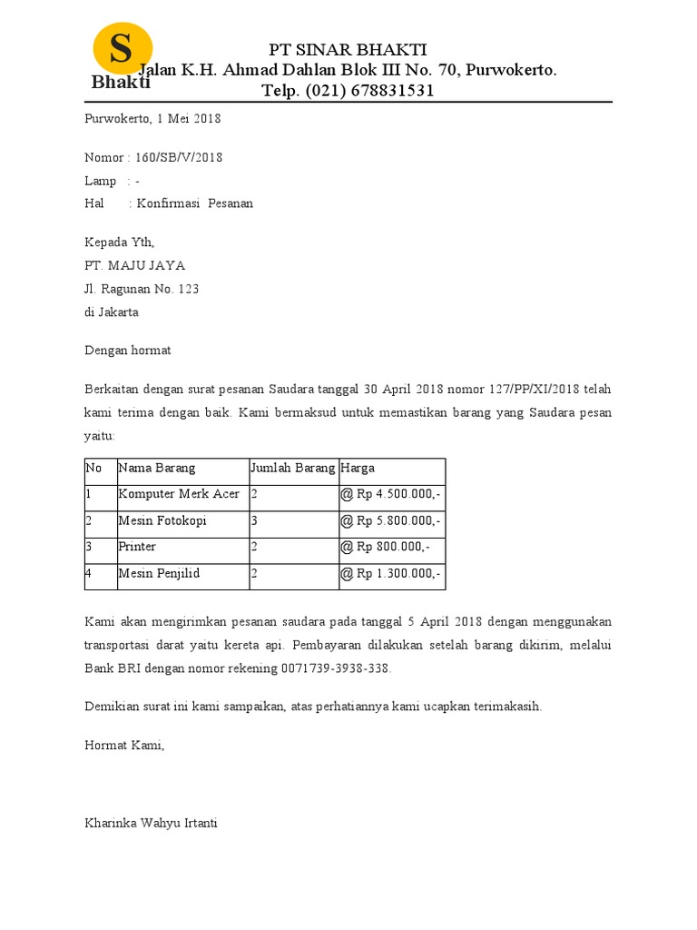 Surat Konfirmasi Pesanan | PDF