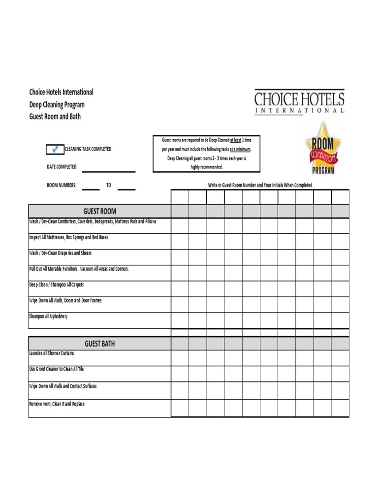 Hotel Guest Room Deep Cleaning Checklist | PDF | Home & Garden
