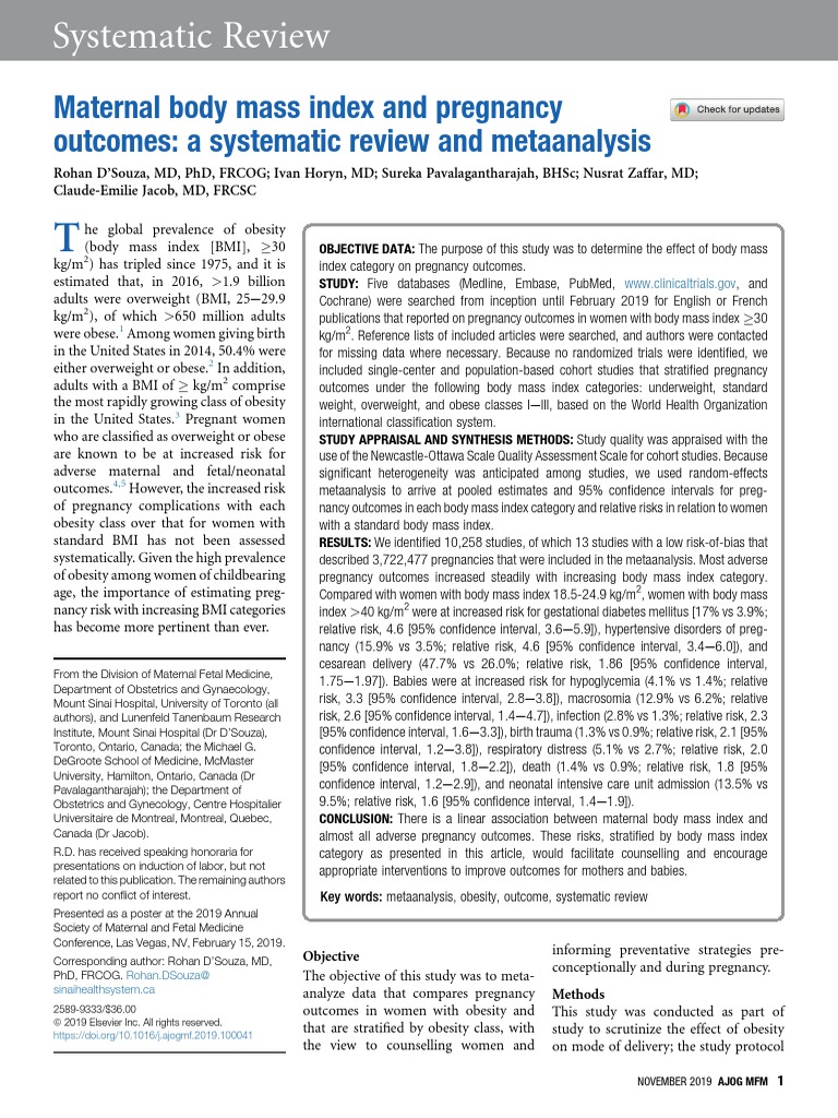 D'Souza2019Maternal Body Mass Index and Preg PDF Body Mass Index