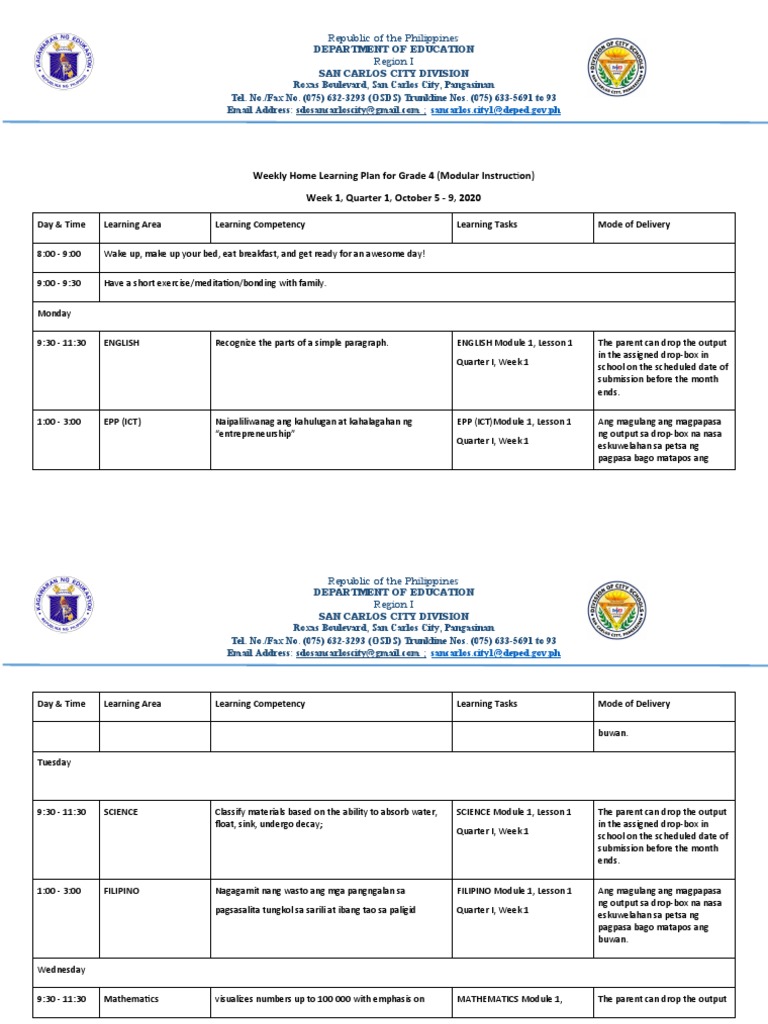 Grade 4 Weekly Learning Plan Q1 | PDF | Communication | Learning