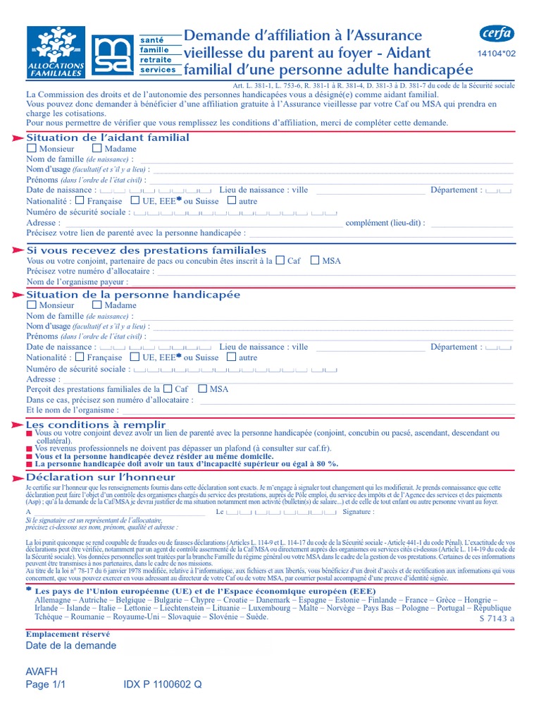 Assurance Vieillesse Des Parents Au Foyer (Avpf) - Aidant - Cerfa ...