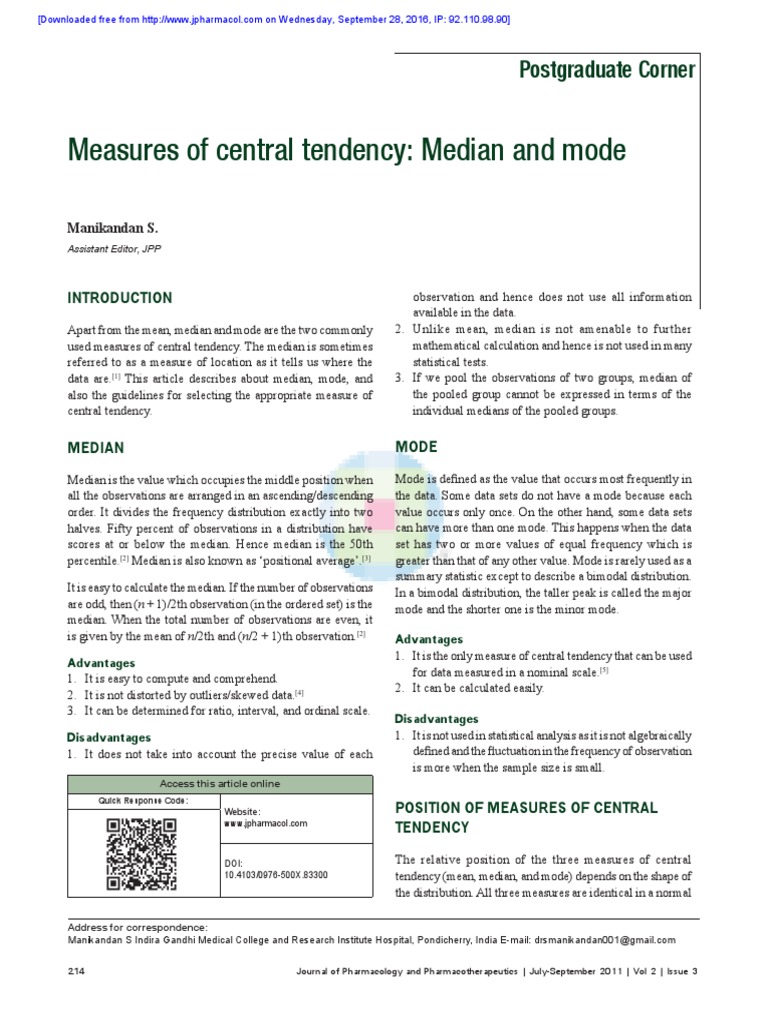 Measures of Central Tendency Median and Mode | PDF