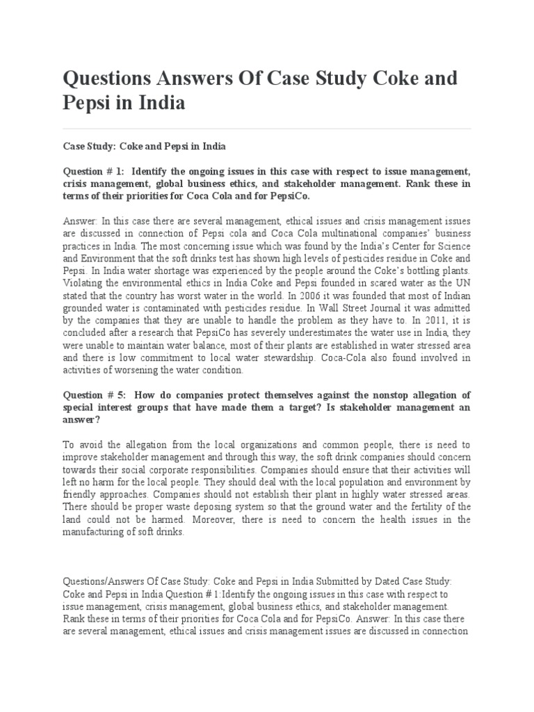 Questions Answers of Case Study Coke and Pepsi in India | PDF | Pepsi ...