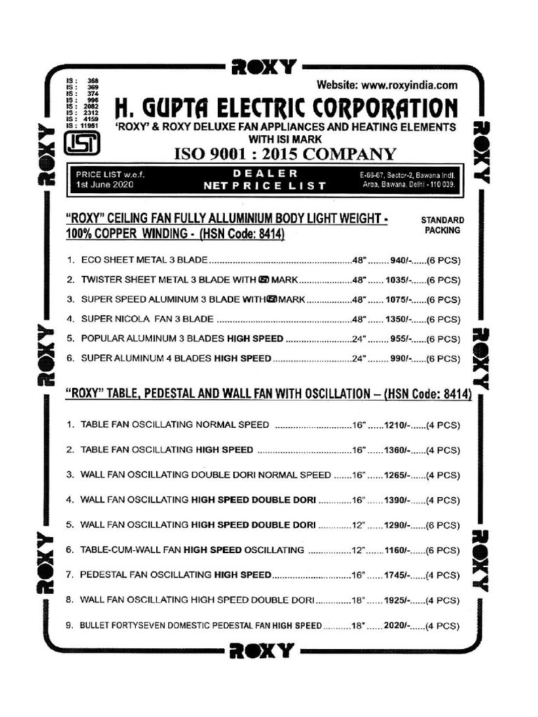 Roxy Price List | PDF