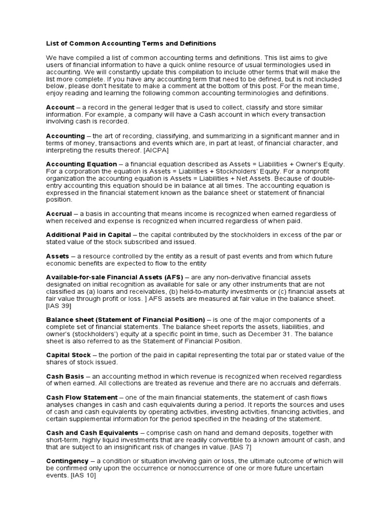 List of Common Accounting Terms and Definitions | PDF | Debits And ...