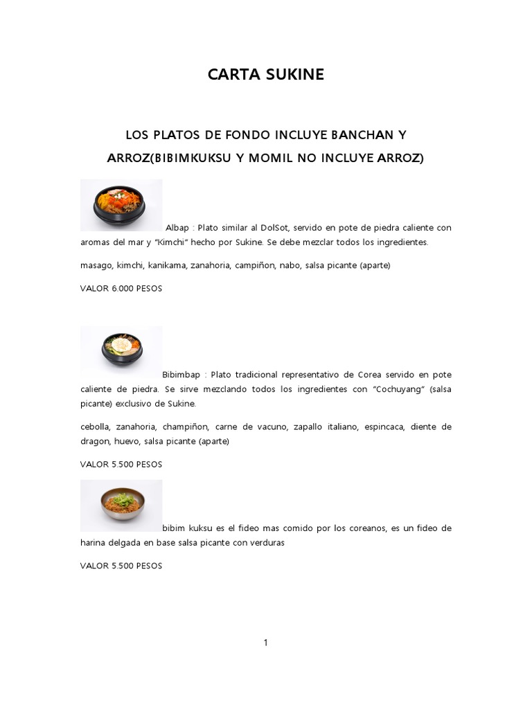 Menú del Restaurante Sukine | PDF | Cocina coreana | Sopa