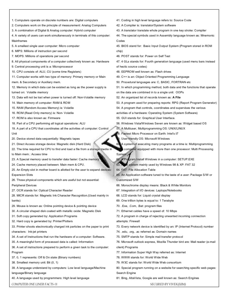 Computer One Liner Facts-01 Secured by Vivek (Uim) | PDF | Random ...