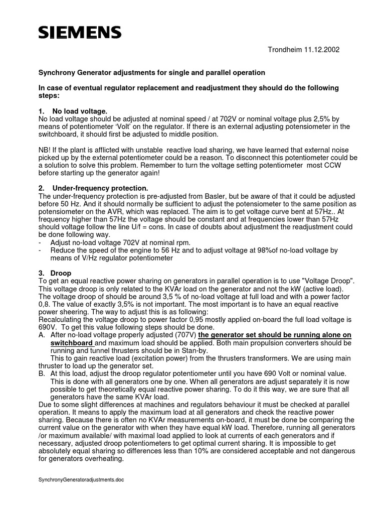 Synchrony Generatoradjustments | PDF | Electric Generator | Voltage