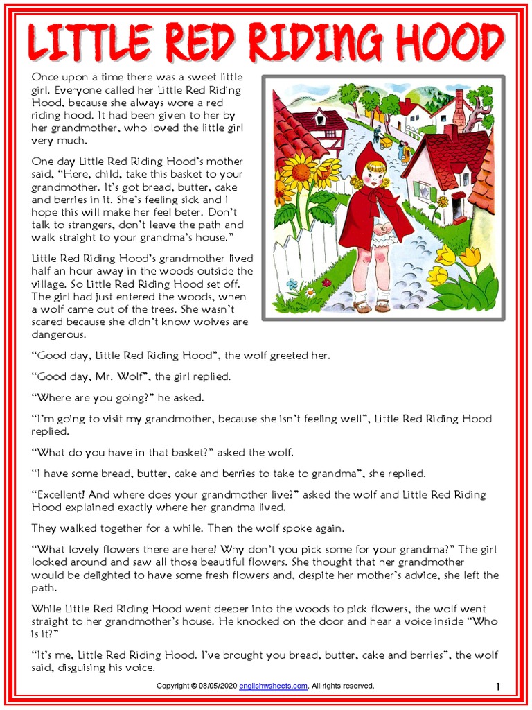 Little Red Riding Hood Esl Printable Fairy Tale Reading Text For Kids Pdf Little Red Riding Hood