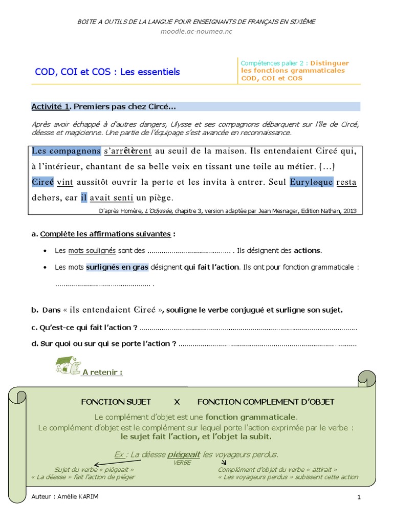 Exercices sur COD, COI et COS en 6ème | PDF | Complément d'objet | Odyssée