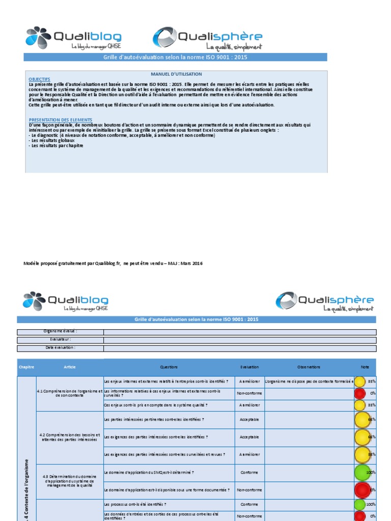 Iso 9001 Version 2015 Risques Et Opportunités Exemple Xls Grille ISO 9001 2015 | PDF | Système de management de la qualité | Audit