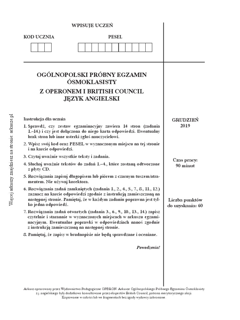 Odpowiedzi Egzamin Osmoklasisty Angielski 2019
