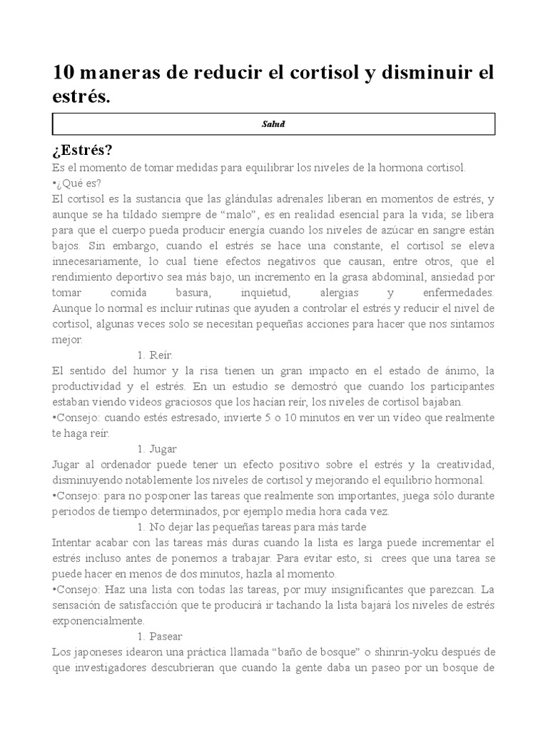 10 formas de reducir el cortisol y estrés | PDF | Cortisol | Estrés ...
