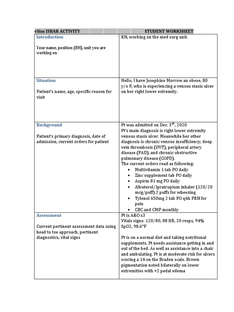 Isbar Activity 1 | PDF | Vein | Clinical Medicine