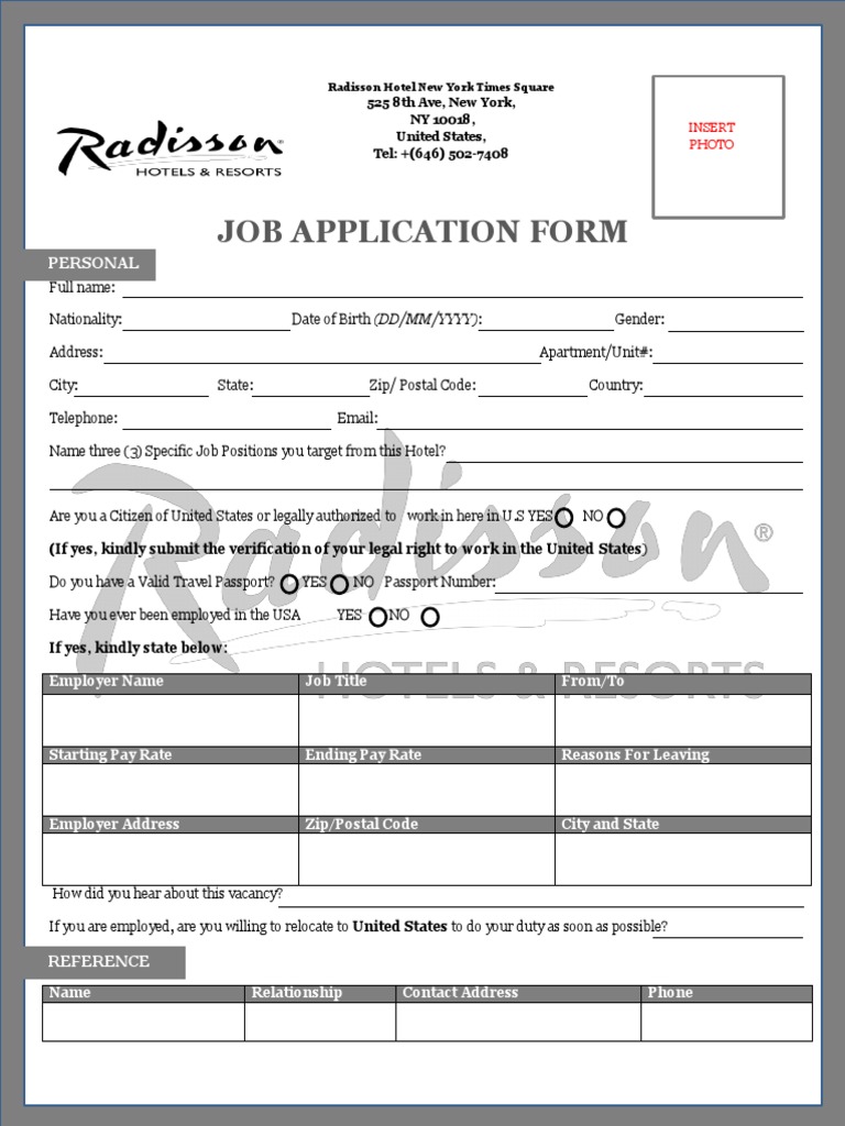Radisson Hotel Job Application PDF Travel Visa Employment
