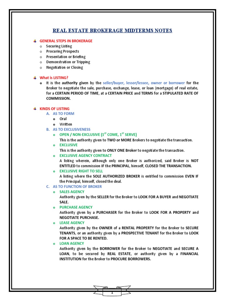 Real Estate Brokerage Midterm Notes | PDF | Real Estate Broker | Lease