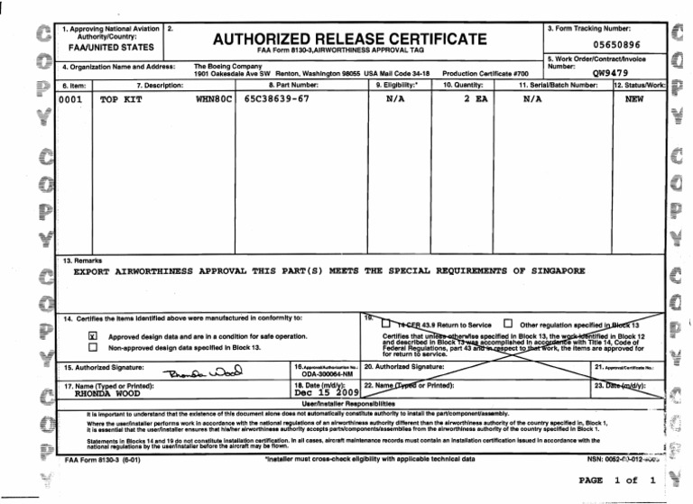 FAA Form 8130-3 Airworthiness Example | PDF | Aerospace | Transport