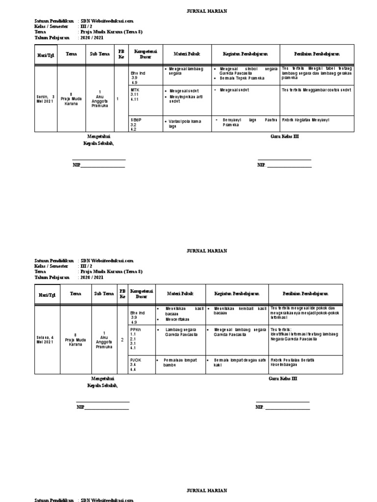 Jurnal Kelas 3 Tema 8 | PDF