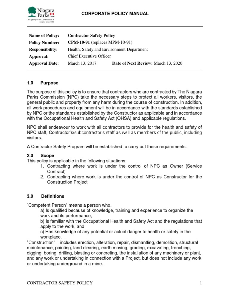 CPM 10-91 Contractor Safety Policy | PDF | Employment | Occupational ...