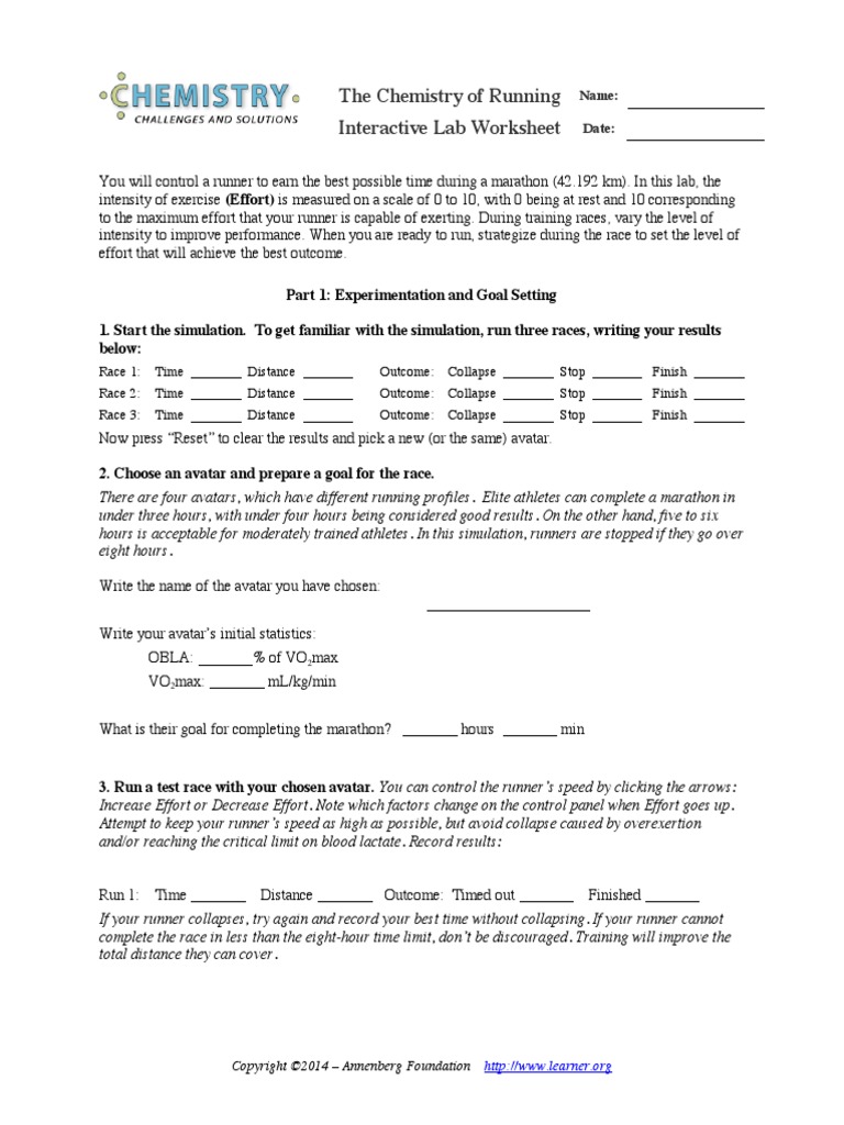 The Chemistry of Running Interactive Lab Worksheet: Name: Date | PDF ...