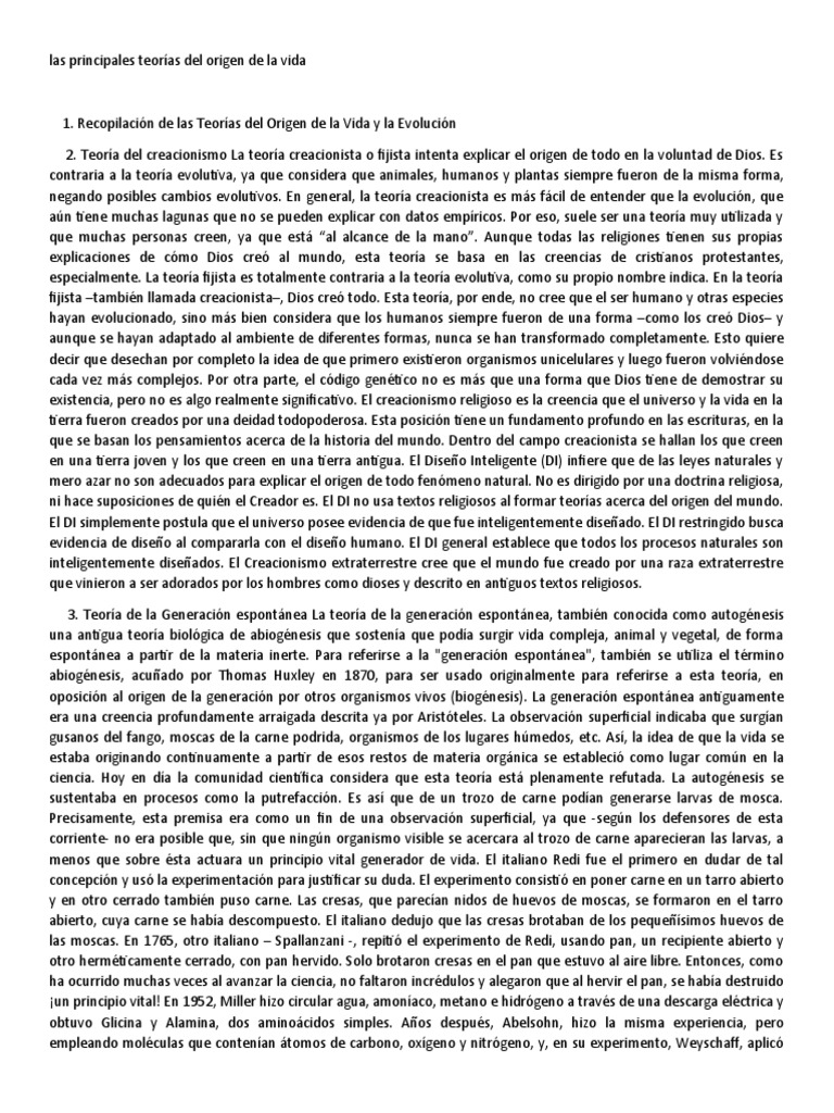Las Principales Teorías Del Origen de La Vida | PDF | Adn | Evolución