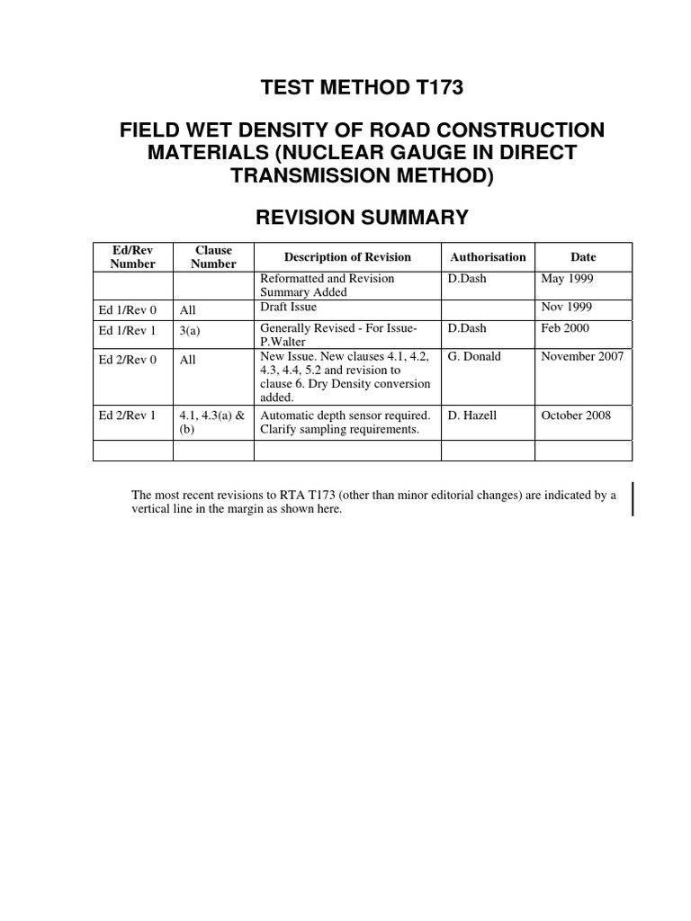 Test Method T173 Field Wet Density of Road Construction Materials