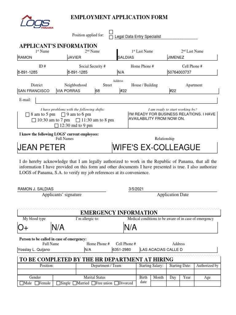 Employment Application for Ramon Saldias | PDF | Labour | Business