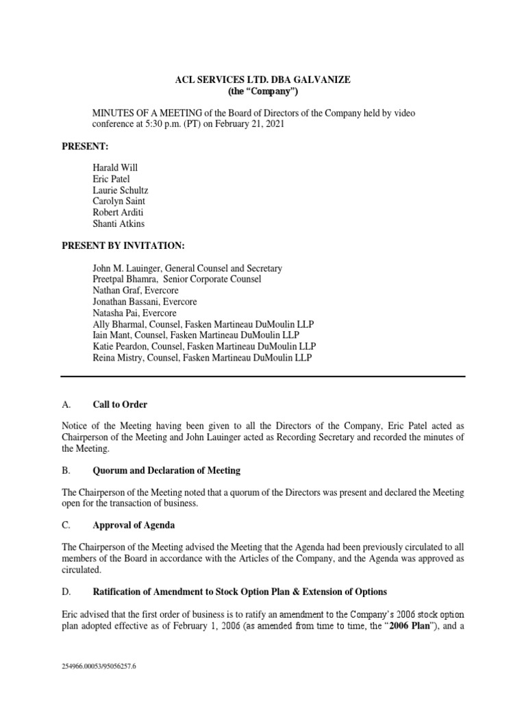 ACL Services Ltd. Board Meeting Minutes | PDF | Vesting | Option (Finance)