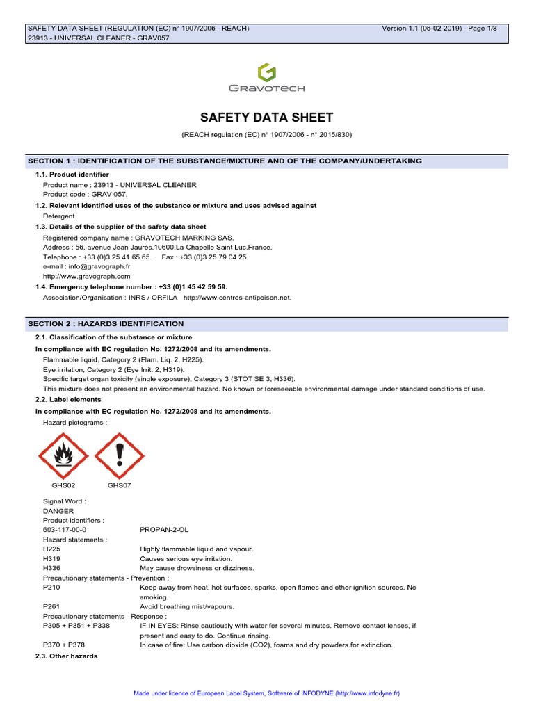 Universal Cleaner Safety Data Sheet | PDF | Dangerous Goods ...
