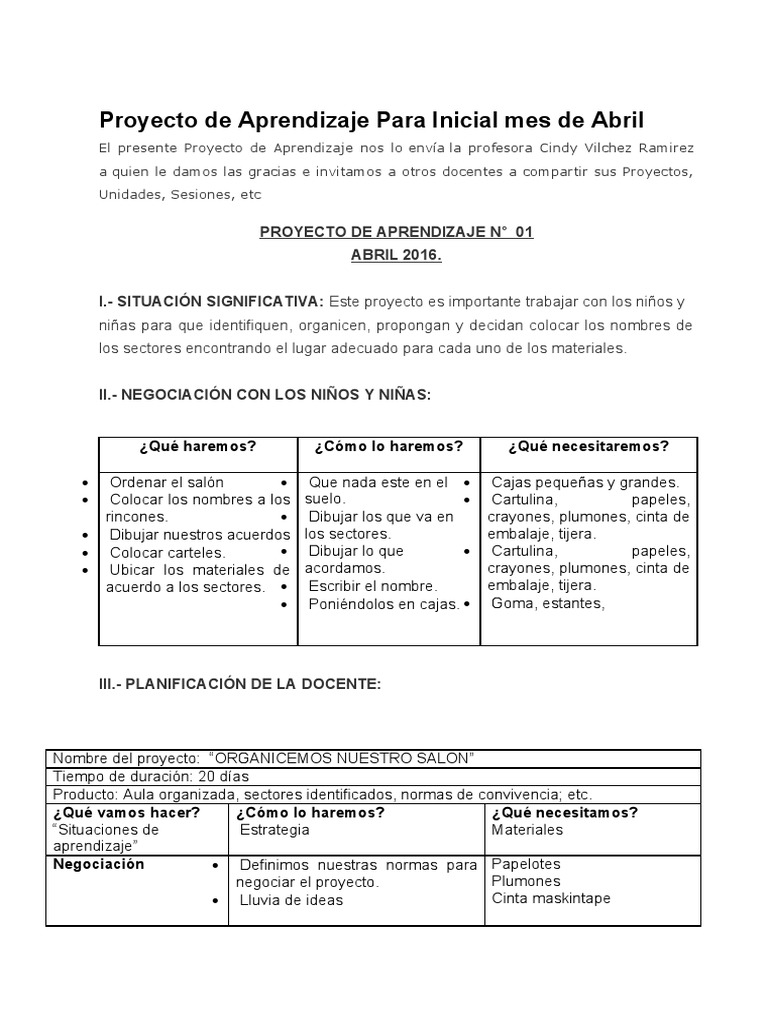 Proyecto de Aprendizaje Inicial Abril | PDF | Salón de clases