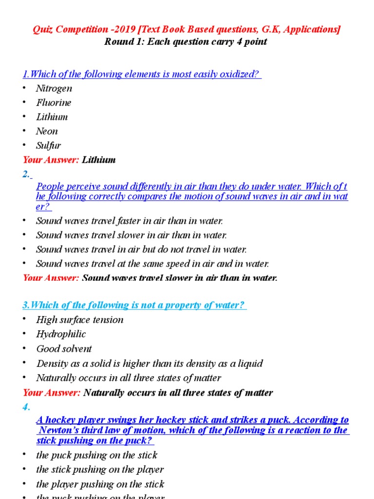Round 1 Each Question Carry 4 Point Quiz Competition 2019 (Text Book Based Questions, G.K