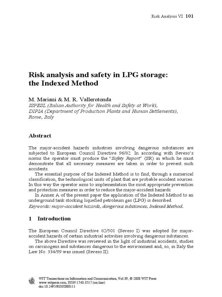 Risk Analysis and Safety in LPG Storage The Indexed Method M. Mariani