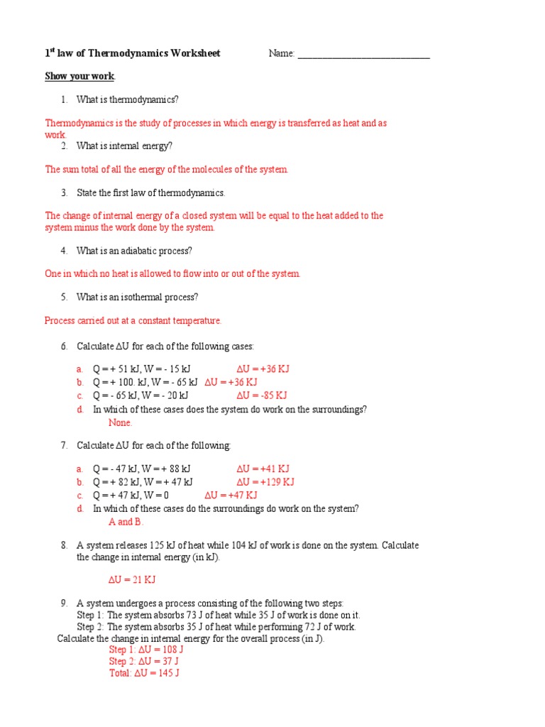 1 Law of Thermodynamics Worksheet Show Your Work PDF Heat Gases