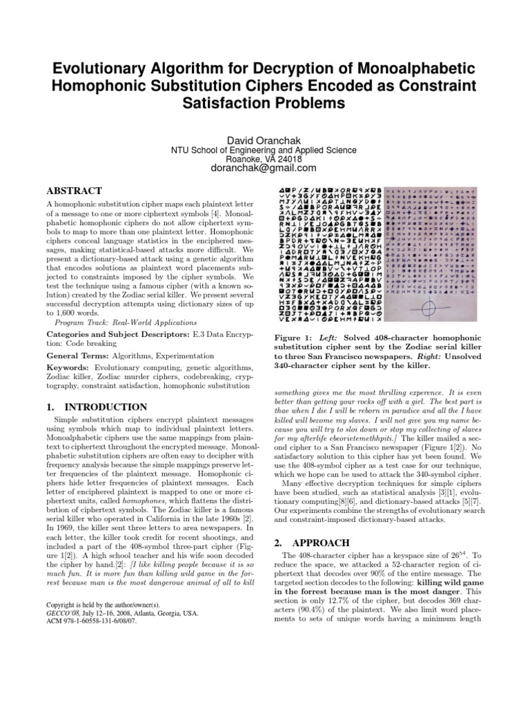 Evolutionary Algorithm For Decryption of Monoalphabetic Homophonic ...