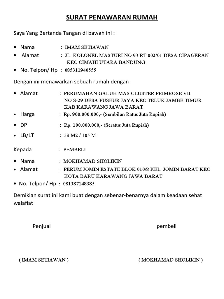 Surat Penawaran Jual Beli Rumah | PDF