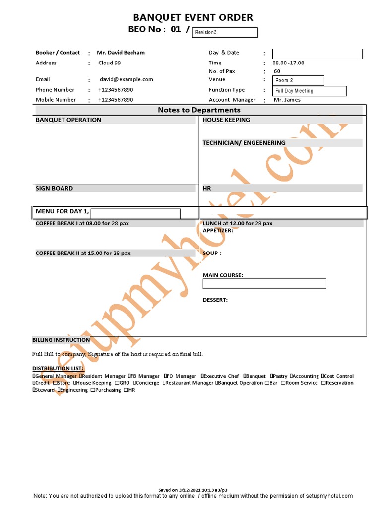 Banquet Event Order for Cloud 99 | PDF