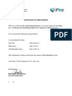 Certificate of Employment: Inc. As Customer Service Representative From August 17, 2019 To Present