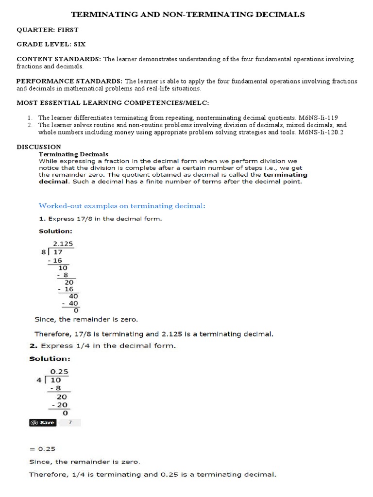 Module 16 Terminating and Non Terminating Decimals | PDF