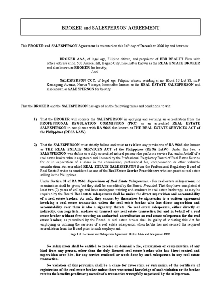 Broker and Salesperson Agreement Sample Only PDF Real Estate