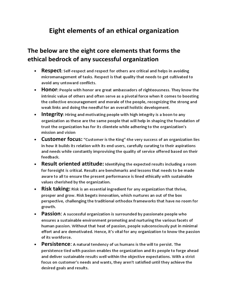 Eight Elements of Ethical Organizations | PDF | Goal | Human Nature