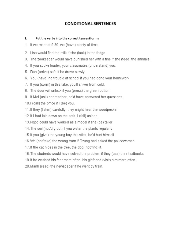 Conditional Sentences: I. Put The Verbs Into The Correct Tenses/forms | PDF