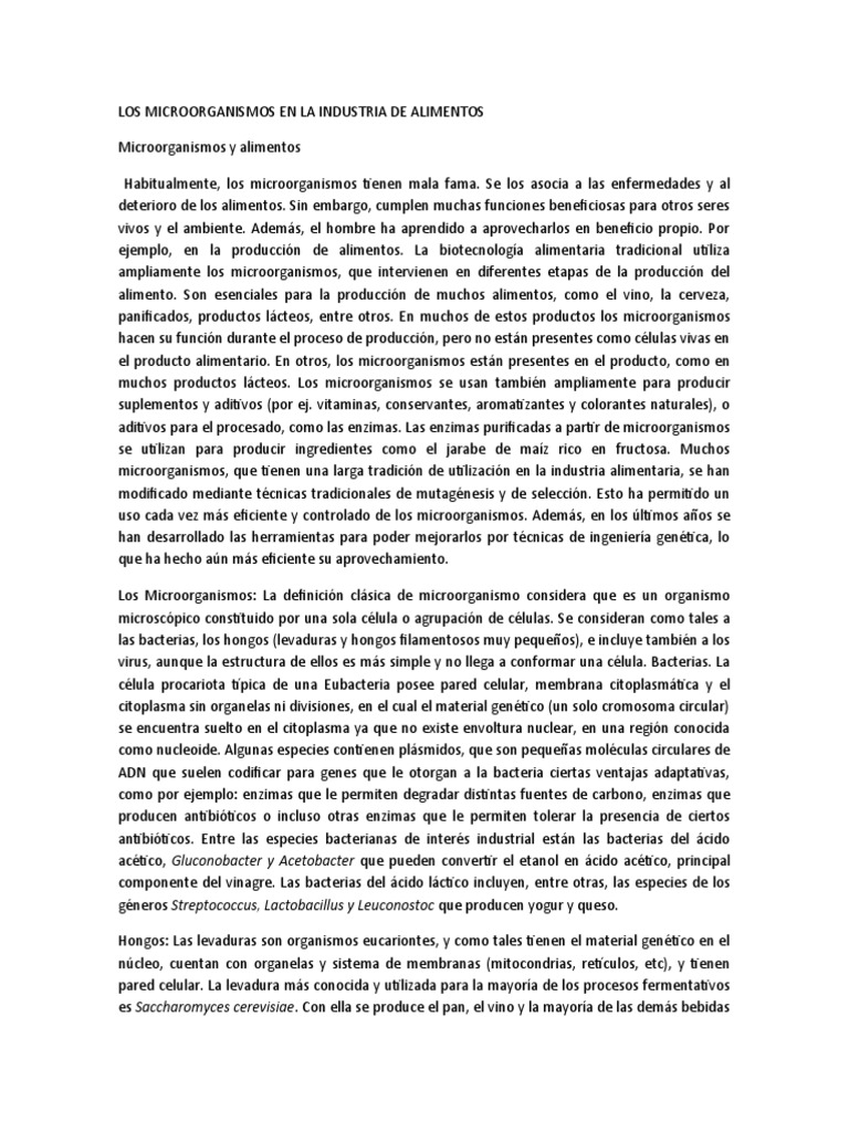 Microorganismos en la Industria Alimentaria | PDF | Fermentación | Las ...