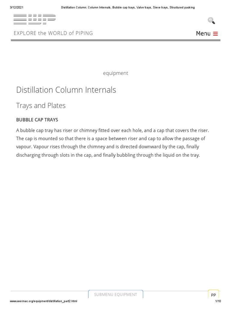 Distillation Column Column Internals, Bubble Cap Trays, Valve Trays