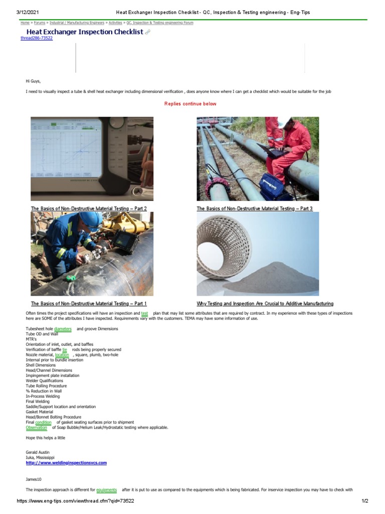Heat Exchanger Inspection Checklist - QC, Inspection & Testing ...