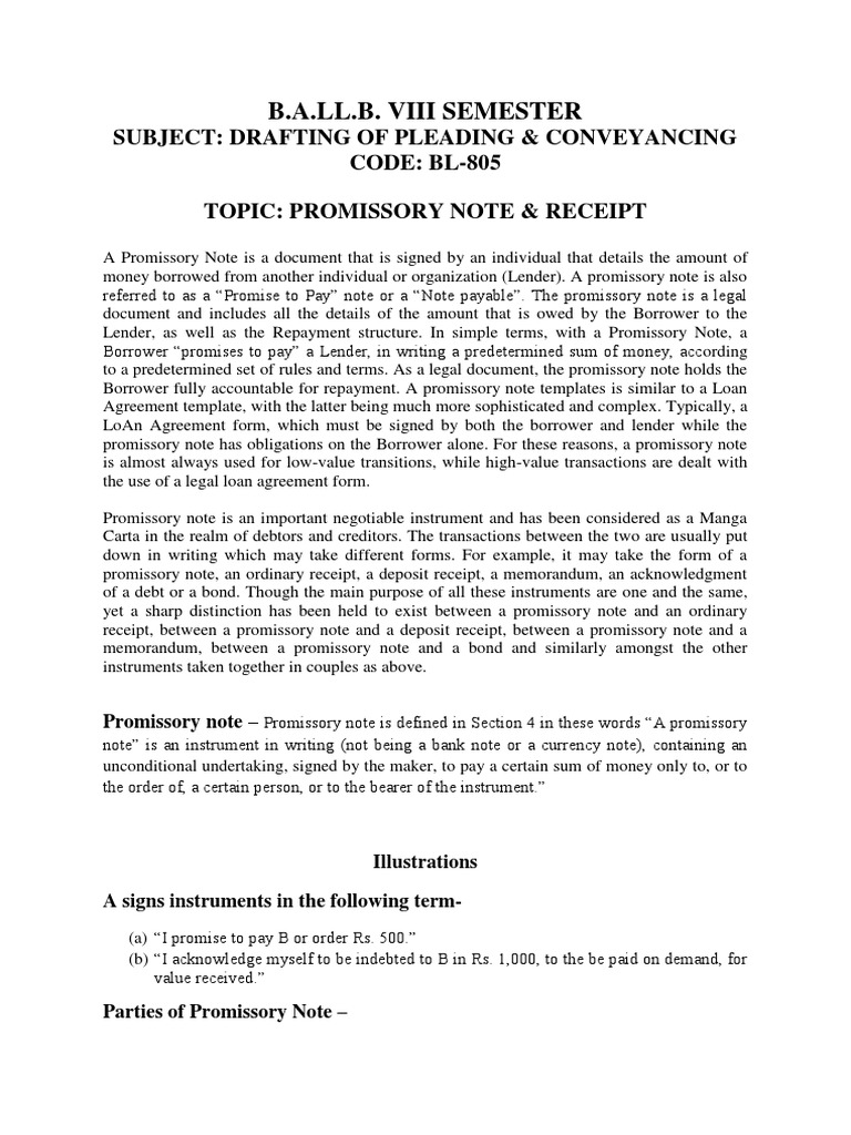 B.A.Ll.B. Viii Semester: Subject: Drafting of Pleading & Conveyancing CODE:  BL-805 Topic: Promissory Note & Receipt | PDF | Promissory Note | Debtor