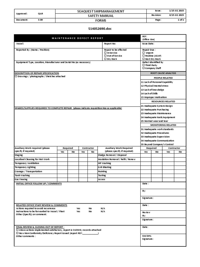 Seaquest Shipmanagement Safety Manual Forms: Maintenance Defect Report ...