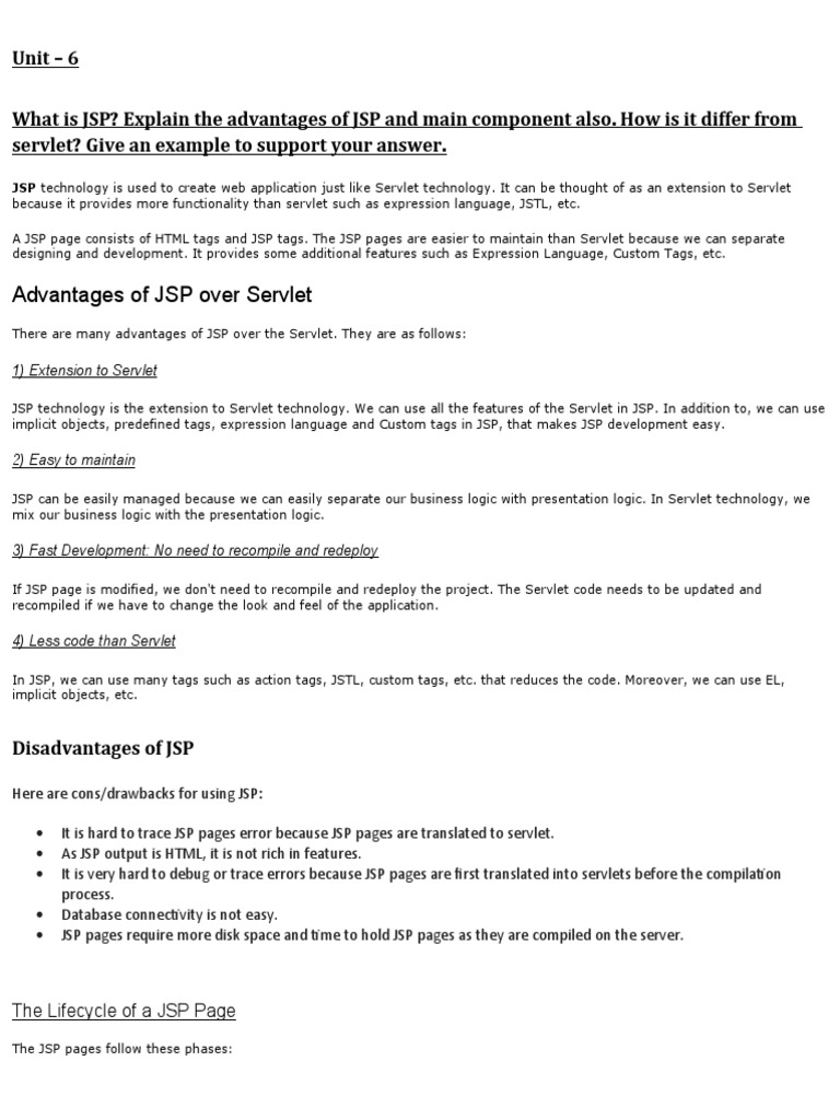 Advantages of JSP Over Servlet: Unit - 6 | PDF | Java (Programming ...