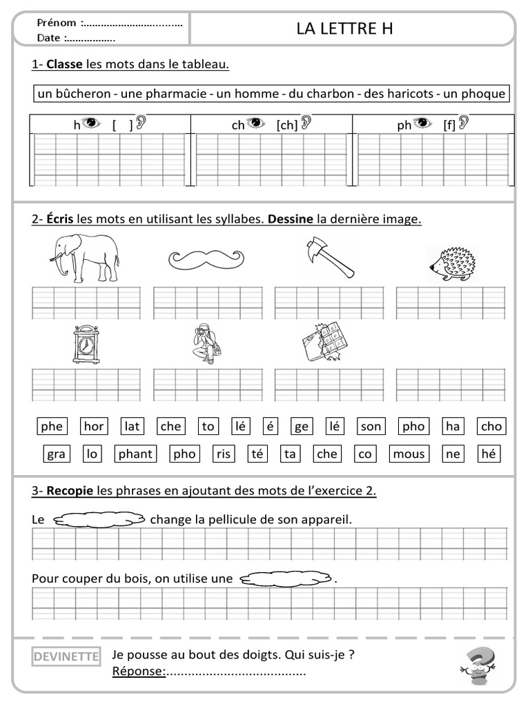 Exercices Sur La Lettre H En CE1 PDF tudes Des Langues trang res