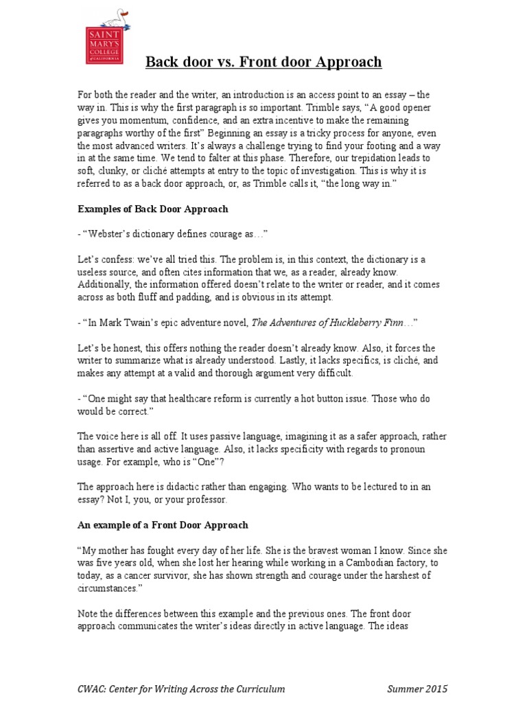 Back Door vs. Front Door Approach PDF Communication